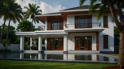 Fototapeta premium Modern yet traditional style Kerala Home with a swimming pool in the backyard & surrounded with Coconut trees