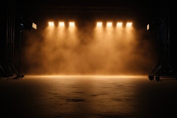 A dramatic stage with glowing lights and a misty atmosphere, perfect for performances or artistic displays.