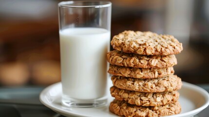A glass of milk and a plate of oatmeal cookies