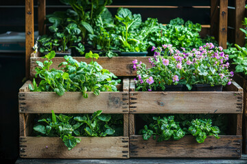 Flowers and vegetable planted in the recycle wooden box. The box was arranged and stacked nicely in the slanted rack.
