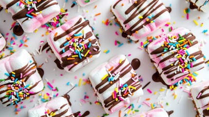 A row of colorful marshmallows with chocolate drizzle and sprinkles