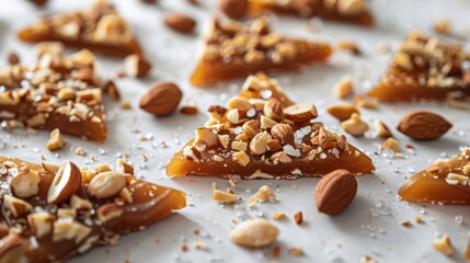 A plate of brownies with nuts on top
