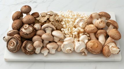 A white board with a variety of mushrooms on it