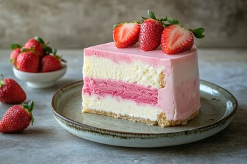 Delicious layered strawberry dessert on a plate with fresh strawberries