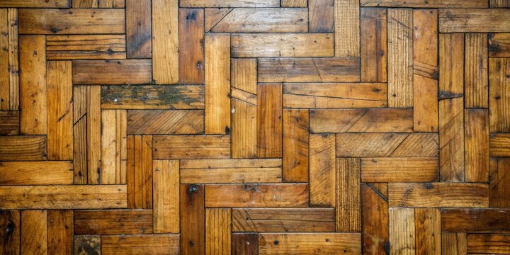 Top view of an old, damaged parquet floor with scratches and wear marks