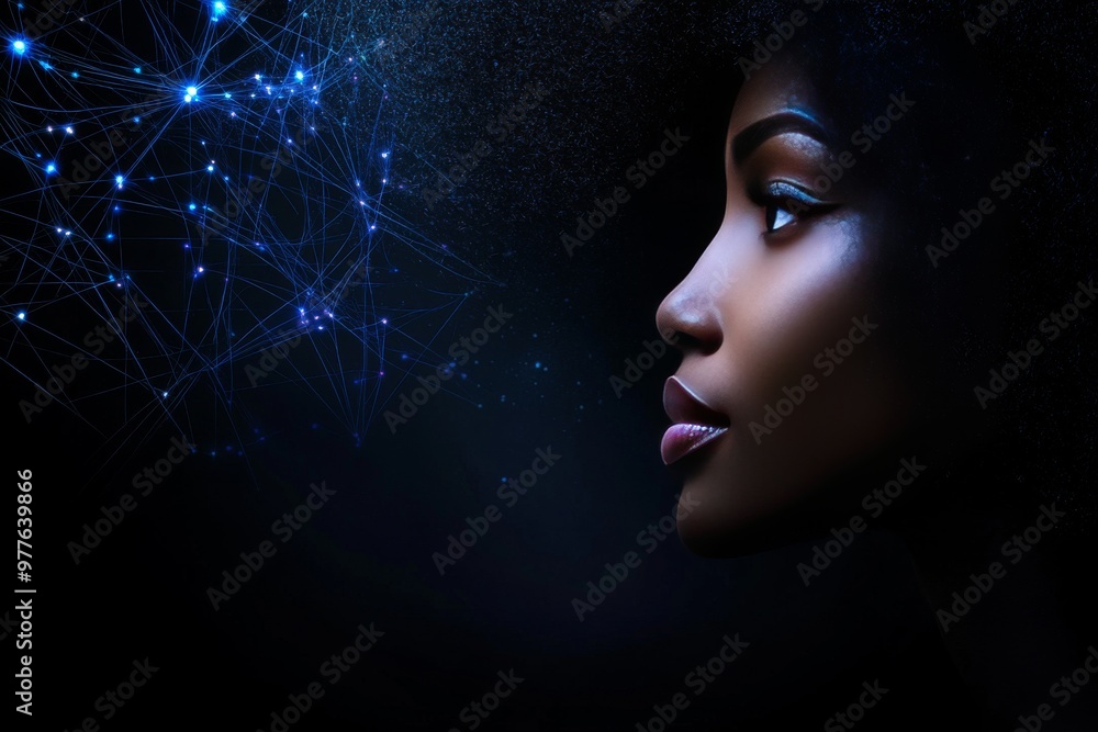 Poster woman’s face illuminated by abstract glowing blue network symbolizing technological curiosity and in