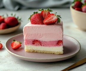 Delicious layered strawberry dessert served on a plate with fresh berries