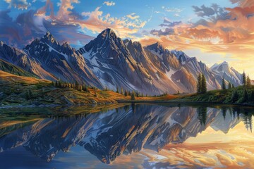 Obraz premium A painting of a majestic mountain range bathed in the warm hues of sunrise, with a tranquil lake reflecting the peaks in the foreground
