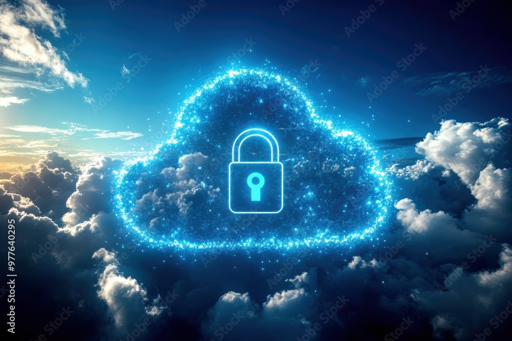 Poster a futuristic cloud symbol with a padlock, representing secure data storage and privacy in the digita