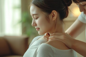 Naklejka premium Japanese woman in casual clothes is receiving a neck massage from a physical therapist for chronic stiff neck, with the physical therapist's hands lightly holding her shoulders.