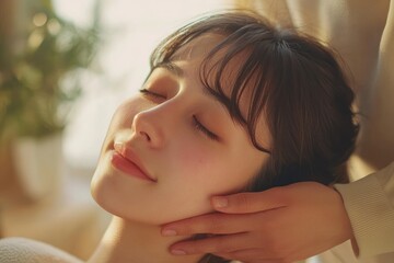 Fototapeta premium Japanese woman in casual clothes is receiving a neck massage from a physical therapist for chronic stiff neck, with the physical therapist's hands lightly holding her shoulders.