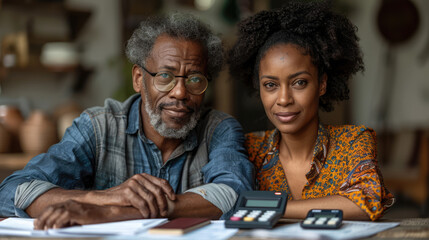 A couple discussing their finances with a financial advisor, documents and calculators on the table