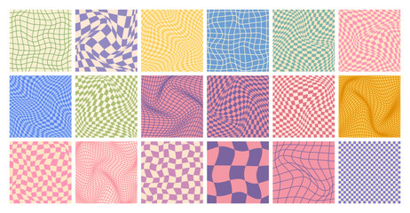 Groovy checkered pattern, colorful distorted tiled grid. Vintage wavy curved backdrop, distortion effect. Funky geometric chessboard texture, retro background in 90s style, y2k. Vector illustration