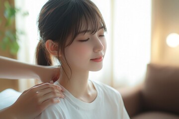 Japanese woman in casual clothes is receiving a neck massage from a physical therapist for chronic stiff neck, with the physical therapist's hands lightly holding her shoulders.
