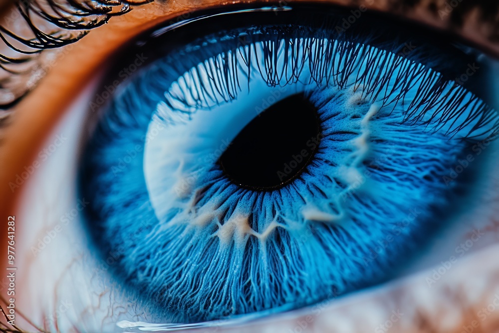 Poster Close up of a bright blue eye with glowing veins surrounding it symbolizing vision and neural connectivity