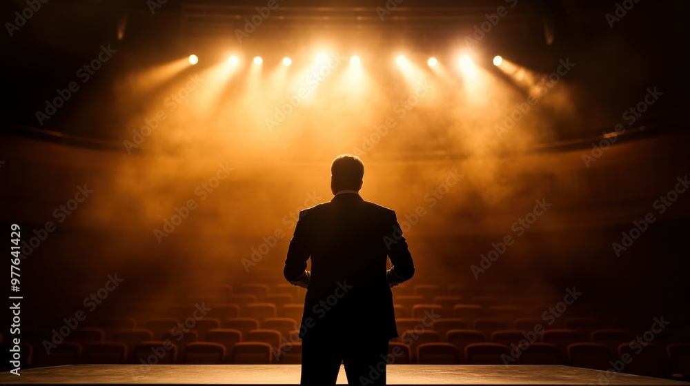 Poster a lone figure stands on stage, illuminated by dramatic lights, creating a captivating atmosphere in 