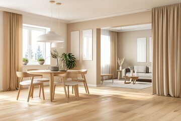 A large living room with a white dining table and chairs, a flat screen TV,generative ai image