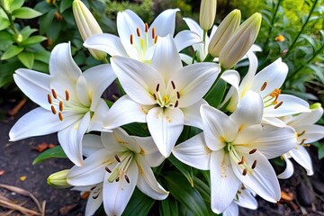 Fototapeta premium Cluster of white lilies blooming in a lush green garden.