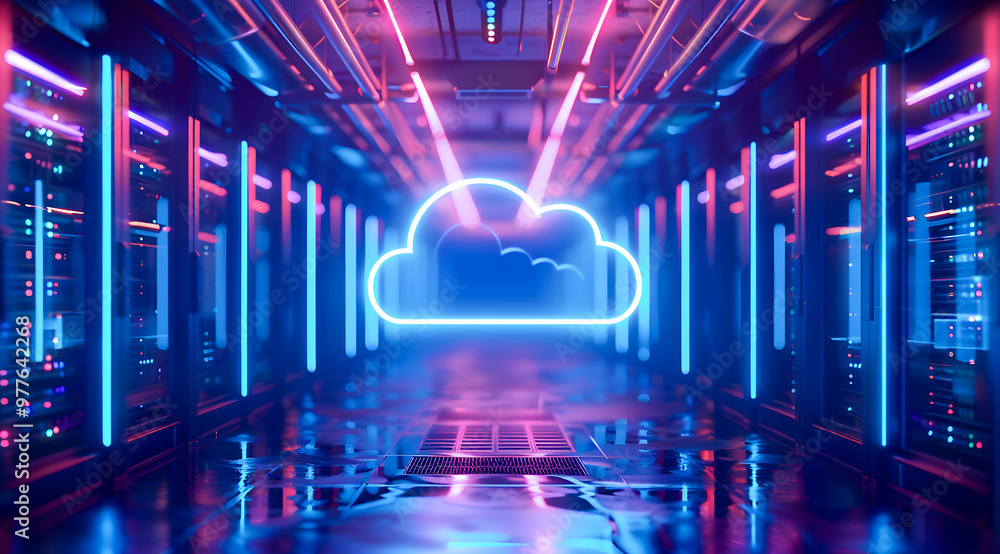 Poster neon cloud symbol illuminated in digital data center with vibrant lighting. generative by ai