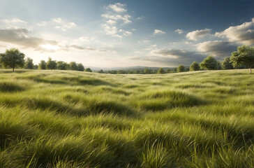 Obraz premium Green grassy field during sunrise, generative ai