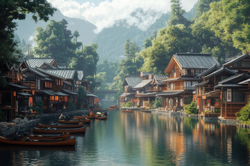 Small town on the river, rowboats moored on both sides of the waterfront, water travel by rowboat