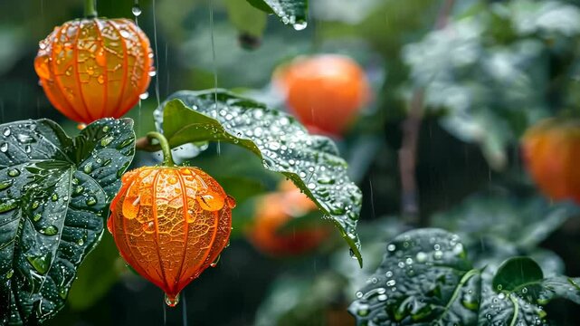 Discover the beauty of rain-soaked physalis plants in a lush garden setting