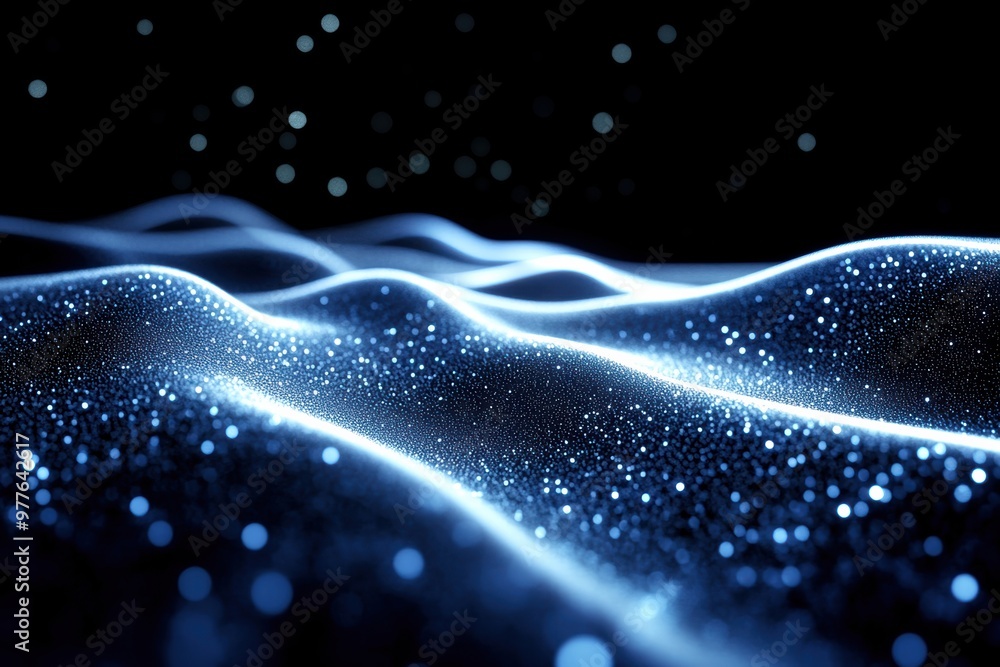 Poster a mesmerizing wave of glowing blue light, creating a tranquil and ethereal atmosphere against a dark