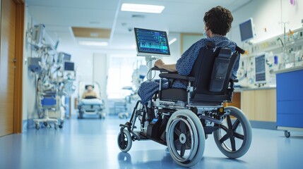 A motorized wheelchair equipped with health monitoring tech being used by a patient in a high-tech hospital environment medical tech changing lives