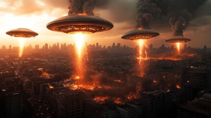 A dystopian cityscape with four UFOs emitting beams of fire and smoke, causing widespread destruction and fires across the urban area during sunset.