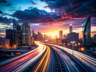 Fototapeta premium A dramatic cityscape at dusk with speeding cars and trains leaving behind a network of dynamic, curvilinear blur trails amidst a vibrant urban atmosphere.