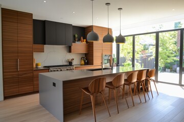 A kitchen with a large island and wooden chairs, generative ai image