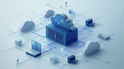 A blue isometric illustration of cloud computing with several devices connected to one server, surrounded by white clouds and network connections on a light background