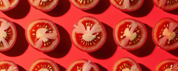 Symmetrical pattern of sliced tomatoes on a vibrant red background creates a fresh and visually appealing concept for food enthusiasts and design lovers alike
