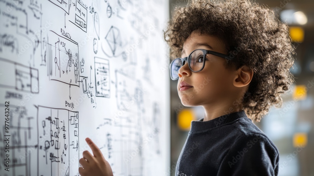 Aufkleber child acting as a blockchain engineer, explaining crypto transactions on a whiteboard filled with bl