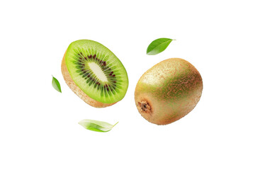 Obraz premium Kiwi and slices with green flesh and tiny black seeds floating in the air with green leaves isolated on background, popular tropical sour fruit.
