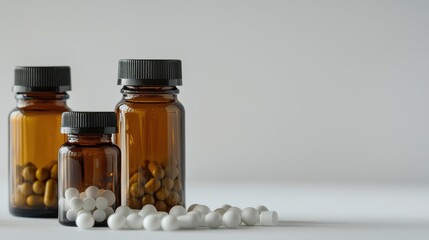 Close-up of homeopathic bottles and organic supplements, set against a minimalist white background with ample space for text