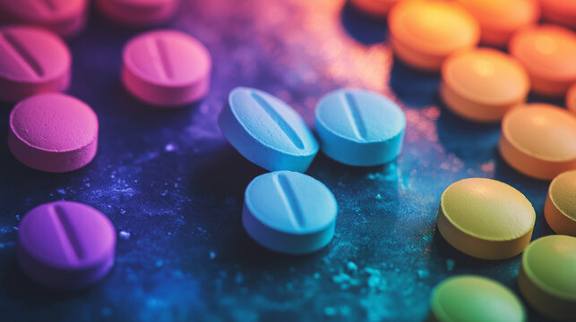 Colorful mdma pills lying on dark surface with colorful lighting