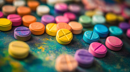 Colorful narcotic pills sitting on dark colorful surface