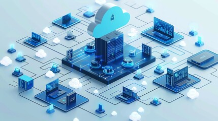 Obraz premium A blue isometric illustration of cloud computing with several devices connected to one server, surrounded by white clouds and network connections on a light background