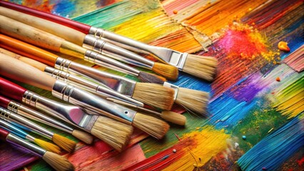 Fototapeta premium Artist paint brushes laying on a colorful canvas