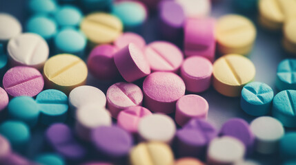 Colorful ecstasy pills forming a drug abuse background