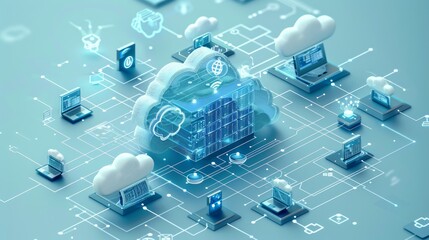 A blue isometric illustration of cloud computing with several devices connected to one server, surrounded by white clouds and network connections on a light background