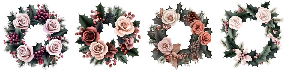 Beautiful floral wreaths featuring roses and holly, perfect for seasonal decorations and festive occasions.