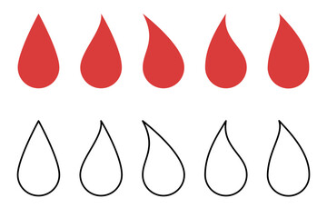Collection of Red Tears in Different Styles - Set of Flat and Outline Vector Drops - Isolated Tear Icons