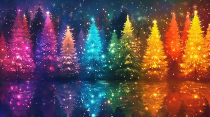 Colorful illuminated forest with glowing Christmas trees. AI generated image