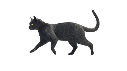 A black cat is walking on a white background