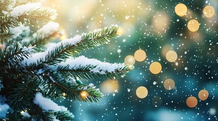 Snow-covered pine branches with glowing lights in a bokeh background. Christmas Tree. AI generated image