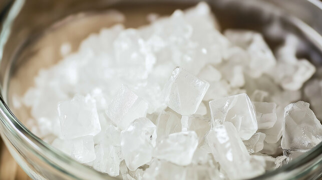Pile of white crystal methamphetamine shards in glass bowl