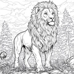 Obraz premium A beautiful lion with a flowing mane, standing proudly in a detailed forest scene