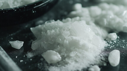 Pile of methamphetamine street drug crystals being weighed on scale